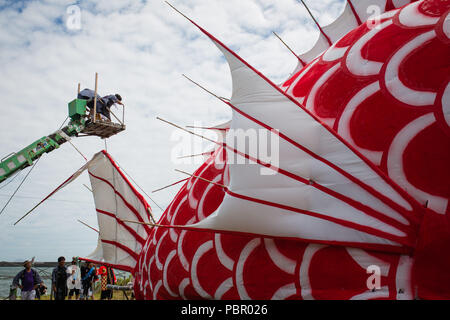 Minamichita, aichi, Japan. 29th July, 2018. A sea beam figure under repair.The sea bream or tai maturi festival is a traditional festival in Minamichita, Aichi, Japan. It's also called the strange festival or unusual festival, a float of bream is carried by young people who walk around town and the sea. Its purpose is to pray for marine safety and good catch. Credit: Takahiro Yoshida/SOPA Images/ZUMA Wire/Alamy Live News Stock Photo