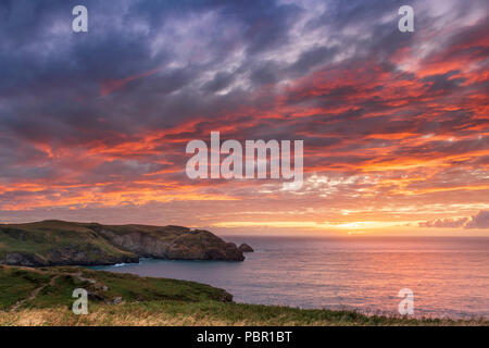 Tintagel and Boscastle. 29th July 2018. UK Weather - After rain and strong winds, the weather improves throughout the day and North Cornish coast enjoys a spectacular sunset on the coastal path between Tintagel and Boscastle. Credit: Terry Mathews/Alamy Live News Stock Photo