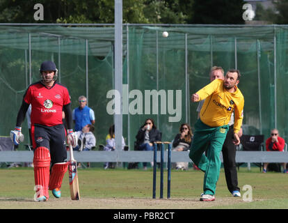 The Lawn, Waringstown, Northern Ireland, UK. 29 July, 2018. The Lagan Valley Steels Twenty 20 Cup Final 2018. Waringstown v North Down. Martin Moreland bowling for North Down. Credit: David Hunter/Alamy Live News. Stock Photo
