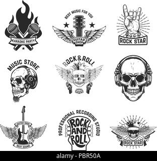 Set of rock music emblems isolated on white background. Design element ...