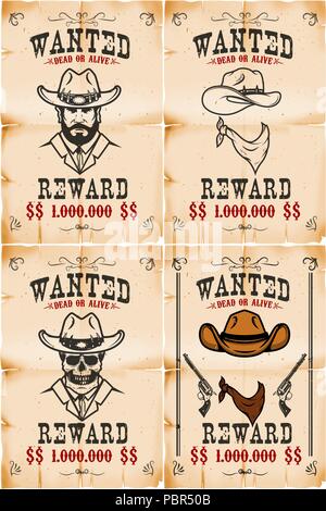 Set of wanted posters in wild west style. Vector illustration Stock Vector