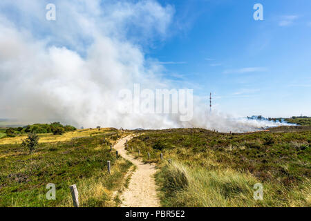 Controlled burning of old and dry heather at Morsum Cliff, Germany. Stock Photo