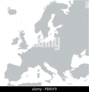 Silhouette of Europe. Gray halftone dots, varying in size and spacing. Map of Europe. Dotted outline and surface under Robinson projection. Stock Photo