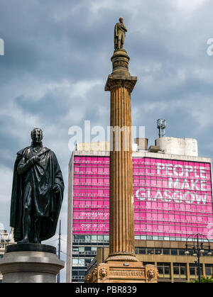 Sir John Moore statue, Sir Walter Scott memorial column and pink People Make Glasgow advert and stormy sky, George Square, Glasgow, Scotland, UK Stock Photo