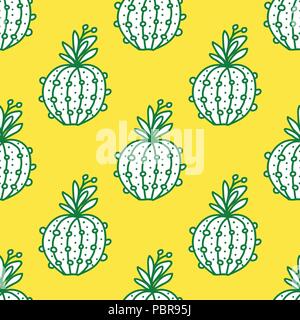 Cute hand-drawn seamless pattern with cactus. Vector illustration isolated on yellow Stock Vector