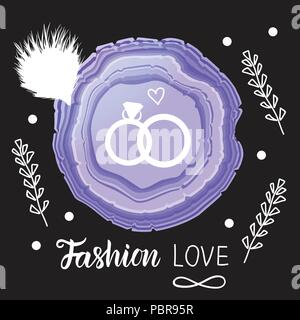Rings wedding card. Vector illustration bright purple stone is a flat slice. Stock Vector