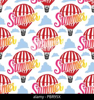 Vector Seamless Pattern Hot Air Balloon and summer inscription hand lettering with cloud on white background. Stock Vector