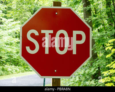 Stop sign and green forest Stock Photo