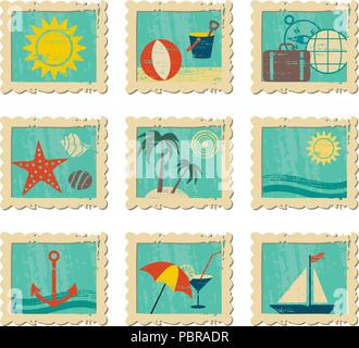 Vintage summer related icons in frames Stock Vector