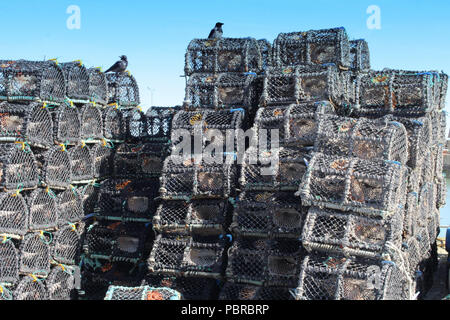 Lobster Pots stacked on  harbour quayside. Stock Photo