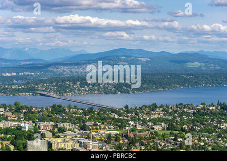 Aerial and remote view of Seattle (Leschi) with the Lacey V Murrow Bridge over Lake Washington and the Mercer Island and Bellevue, Washington state, U Stock Photo