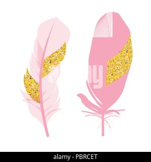 Pink and Golden Glitter Painted Birds of Feather Isolated on White Background. Vector Illustration Stock Vector