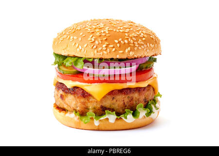 Juicy cheeseburger on white Stock Photo