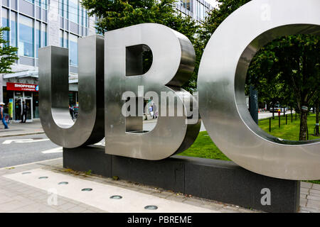 Vancouver British Columbia, June 20 2018: Editorial photo of the UBC sign that signifies that you are on the University of British Columbia campus. UBC is known for their amazing academics. Stock Photo