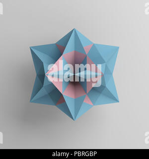 Abstract blue star object with pink polygons over light gray background, 3d render illustration
