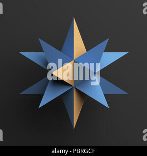 Abstract blue star object with yellow polygons over dark gray background, 3d render illustration