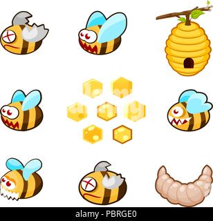 Cartoon set of living and dead bees with hive, honeycomb, bee larva Stock Vector