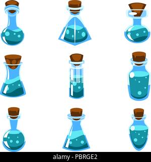 Set of cartoon vector blue potions in bottles of different shape for a game Stock Vector
