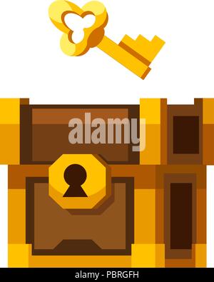 Cartoon vector golden key and closed wooden chest Stock Vector