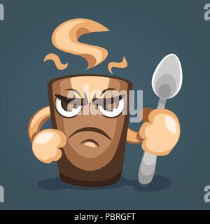 Illustration of a fearsome coffee mug with a fist and a spoon in hand, front view. Cartoon character design Stock Vector