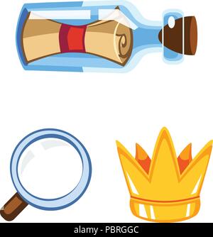 Cartoon set of game items, message in the bottle, crown, magnifier Stock Vector