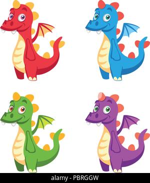 Cute cartoon smiling dragon character with wings and a tail in different colors Stock Vector
