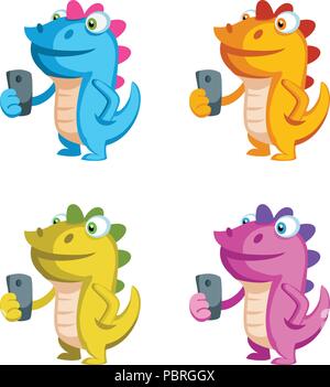 Cute cartoon dragon character holding a phone in different colors Stock Vector