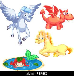 Set of cartoon vector fantasy creatures dragon, mermaid, unicorn, pegasus Stock Vector