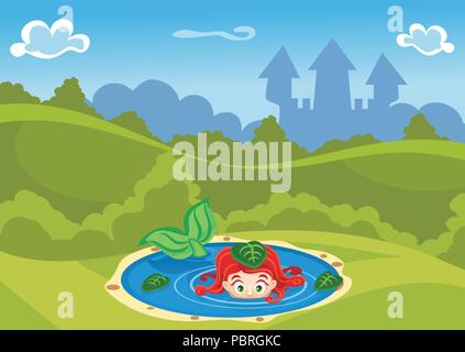 Fantasy summer vector Illustration with castle and a mermaid in the lake Stock Vector