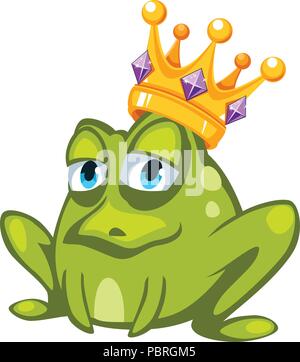 Cartoon green frog character with a crown with gemstones, sitting on a blue pillow Stock Vector