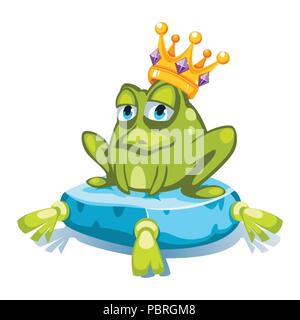 Cartoon green frog character with a crown with gemstones, sitting on a blue pillow Stock Vector