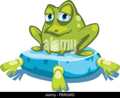 Cartoon green frog character sitting on a blue pillow Stock Vector