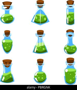 Set of cartoon vector green potions in bottles of different shape for a game Stock Vector
