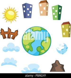 Set of cartoon objects houses in different colors, white clouds, planet earth, sun and moon, fence and mountain Stock Vector