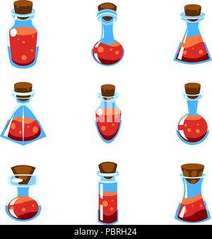 Set of cartoon vector red potions in bottles of different shape for a game Stock Vector