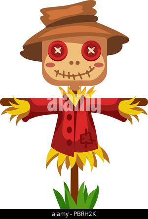 Cartoon scarecrow of straw in a red shirt and hat, buttons instead of eyes Stock Vector