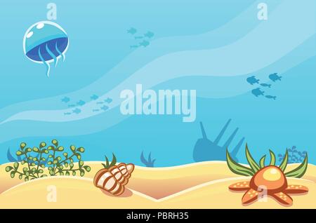 Underwater vector world background with jellyfish, fishes, seaweed, ship, sand, seashell and a starfish Stock Vector