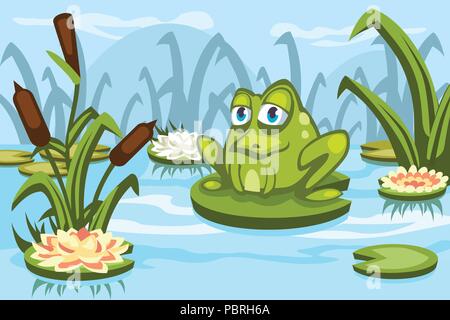 Illustration of a cartoon frog sitting on a water lily in the swamp Stock Vector