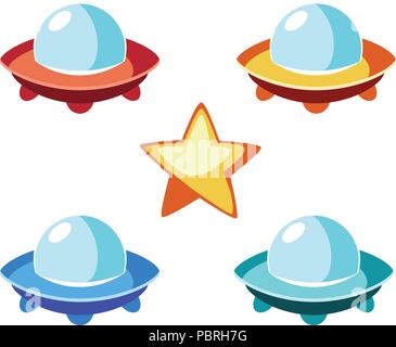 Illustration of cartoon flying saucers in different colors and star for a game Stock Vector