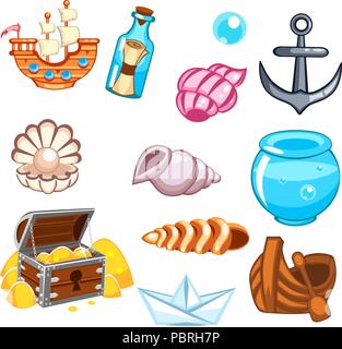 Set of underwater vector objects pearl, golden coins Stock Vector