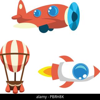 Set of cartoon vector objects air balloon, vintage aircraft and rocket Stock Vector