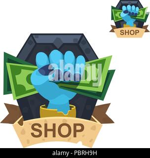 Cartoon vector zombie game shop icon - hand with money, large and small version Stock Vector