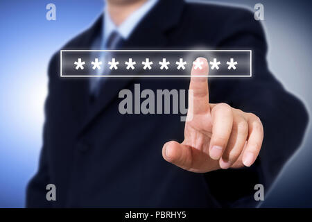 Businessman hand touching password login device screen, cyber security concept Stock Photo