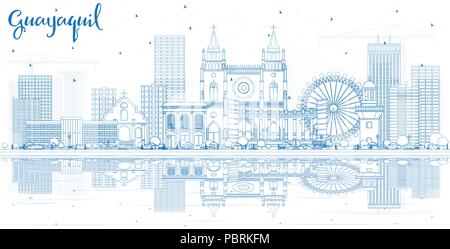 Outline Guayaquil Ecuador City Skyline with Blue Buildings and Reflections. Vector Illustration. Business Travel and Tourism Concept Stock Vector