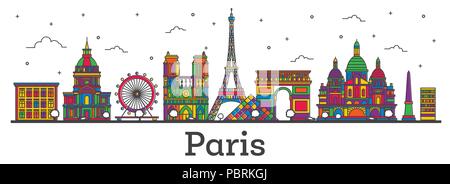 Outline Paris France City Skyline with Color Buildings Isolated on White. Vector Illustration. Paris Cityscape with Landmarks. Stock Vector