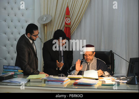 February 15, 2013 - Tunis, Tunisia: Portrait of Noureddine El Khademi, Tunisia's Minister for Religious Affairs at his office. Portrait du ministre tunisien des Affaires religieuses, Noureddine El Khademi. *** FRANCE OUT / NO SALES TO FRENCH MEDIA *** Stock Photo
