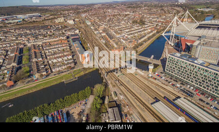 Aerial Views over Penarth Road, Cardiff looking towards The Bristol Channel, The Vale of Glamorgan, Grangetown and Canton. Stock Photo