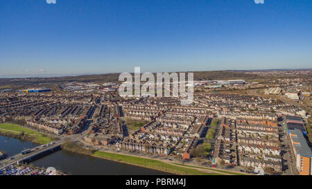 Aerial Views over Penarth Road, Cardiff looking towards The Bristol Channel, The Vale of Glamorgan, Grangetown and Canton. Stock Photo