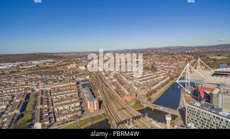 Aerial Views over Penarth Road, Cardiff looking towards The Bristol Channel, The Vale of Glamorgan, Grangetown and Canton. Stock Photo