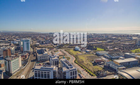 Aerial Views over Penarth Road, Cardiff looking towards The Bristol Channel, The Vale of Glamorgan, Grangetown and Canton. Stock Photo